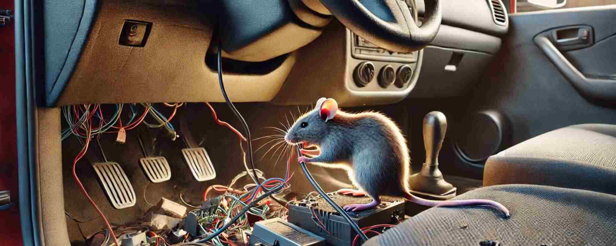 A mouse inside a car interior, chewing on exposed electrical wires under the dashboard | AI generated Image